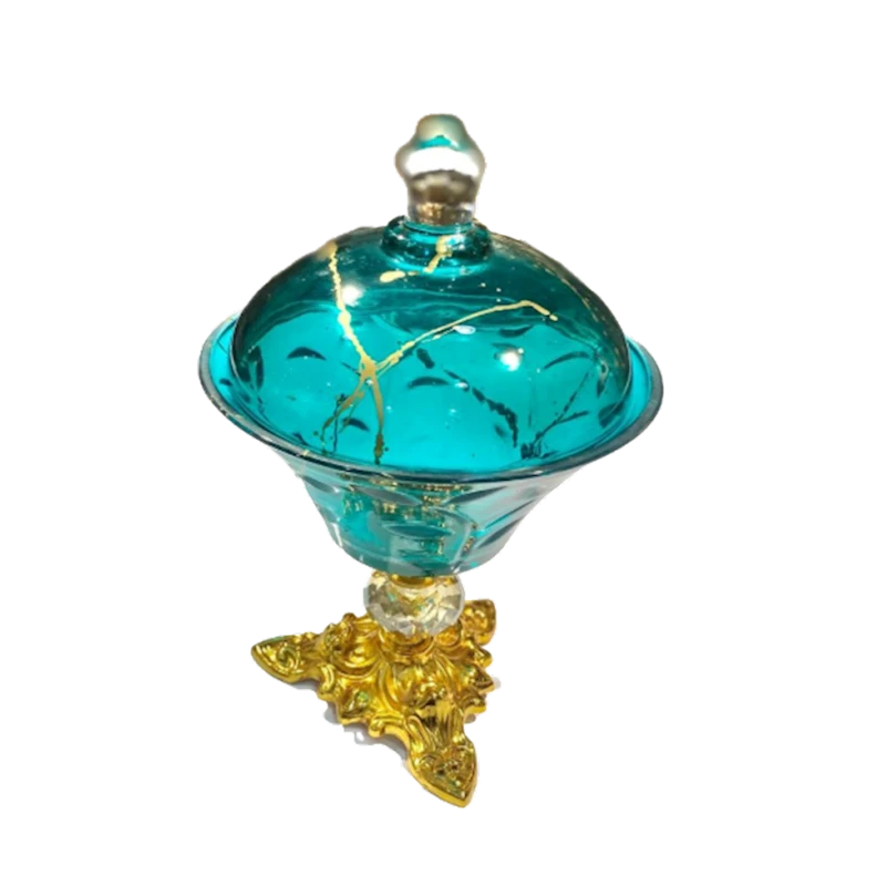 Конфетница Mondo с крышкой, 15х23 см, стекло, голубой/золотой Конфетница Mondo с крышкой, 15х23 см, стекло, голубой/золотой