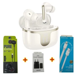 Simsiz qulaqlıqlar Hoco EQ10 Plus Beige + Hədiyyə Simli qulaqlıqlar Strap Pure + Şəbəkə enerji toplama cihazı Samsung 25W + USB kabel Borofone BX89