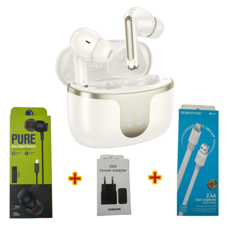 Беспроводные наушники Hoco EQ10 Plus Beige + Подарок Проводные наушники Strap Pure + Сетевое зарядное устройство Samsung 25W + Кабель USB Borofone BX89