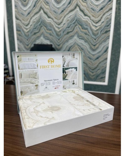 Yataq dəsti FIRST HOME Orkide, İnci, Menekşe, Manolya, Pandora, Fleur Satin, güpürlü, mələfə 250x250 sm, yorğan üzü 200x220 sm, yastıq üzü 50x70 sm 2 əd, ikinəfərlik, 100% pambıq, satin - TP-TK-224