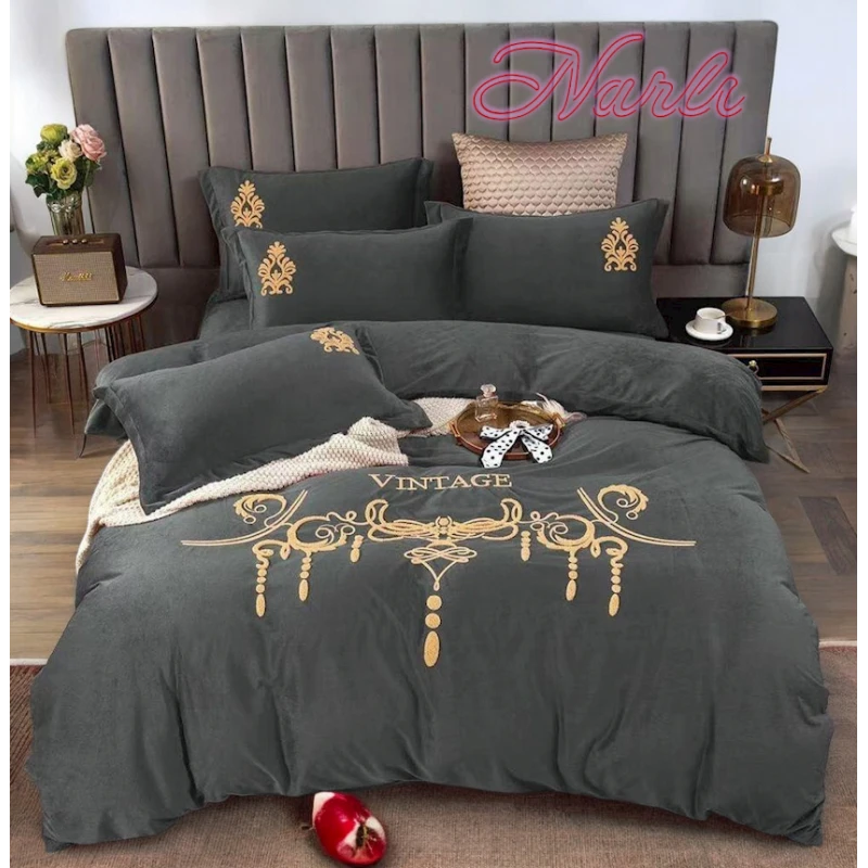 Комплект постельного белья Narlı 000428, пододеяльник 200x230 см, простыня 245x250 см, наволочка 50х70 см, евро, велюр, серый