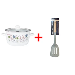 Кастрюля Sarina 5320, эмаль/стекло, белая, 22 см + Лопатка Sarina 5367, силикон, серая/коричневая, 35 см В подарок