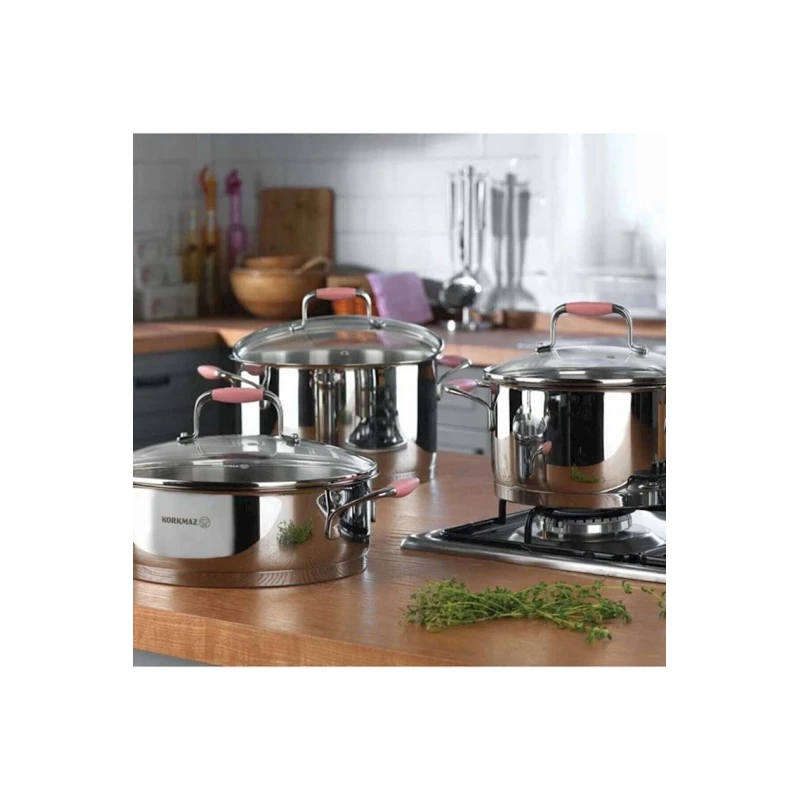 Набор кастрюль Korkmaz A1979-1, нержавеющая сталь/стекло, серебристый, 8 шт Набор кастрюль Korkmaz A1979-1, нержавеющая сталь/стекло, серебристый, 8 шт