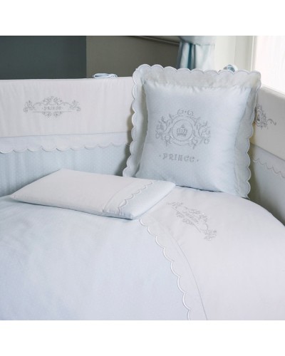 Uşaq yataq dəsti Funna baby Prince, 8 hissə, yorğan üzü 100x150 sm, tikilmiş iç yorğan, baş üçün qoruma 45x70 sm, yan qoruma 45x130 sm - 2 əd, mələfə, yastıq üzü 35x45 sm, dekorativ yastıq, pambıq, ağ, mavi