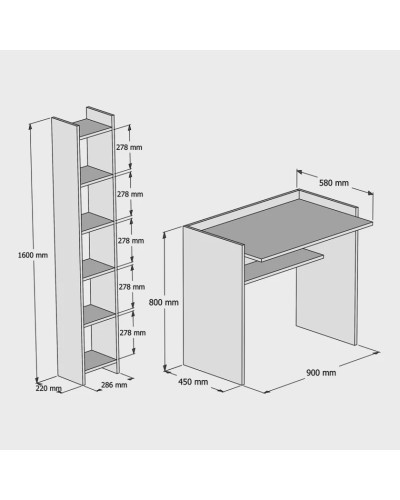 Yazı masası və stellaj Ev Plus 12115875, LDSP, ağ, 90x58x80/28.6х22х160 sm
