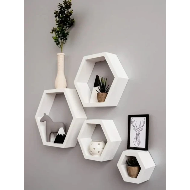 Divar rəfi dəsti Art Mebel 205, laminat, 4 əd, 35x40x15/28x32x15/21x24x15/14x16x15 sm, ağ