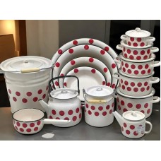 Qab-qacaq dəsti, Rusiya istehsalı, mina, 'qorox' naxışlı, 14 ədəd: qulpluca 1,5 l, bidon 3,5 l, qazanlar 0,6/1,45/2/3/4,3 l, dəm çayniki 1 l, çaydan 3,5 l, vedrə 12 l, ləyənlər 2/4/9/12 l - QZİR-TAP-151