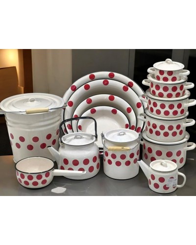 Qab-qacaq dəsti, Rusiya istehsalı, mina, 'qorox' naxışlı, 14 ədəd: qulpluca 1,5 l, bidon 3,5 l, qazanlar 0,6/1,45/2/3/4,3 l, dəm çayniki 1 l, çaydan 3,5 l, vedrə 12 l, ləyənlər 2/4/9/12 l - QZİR-TAP-151