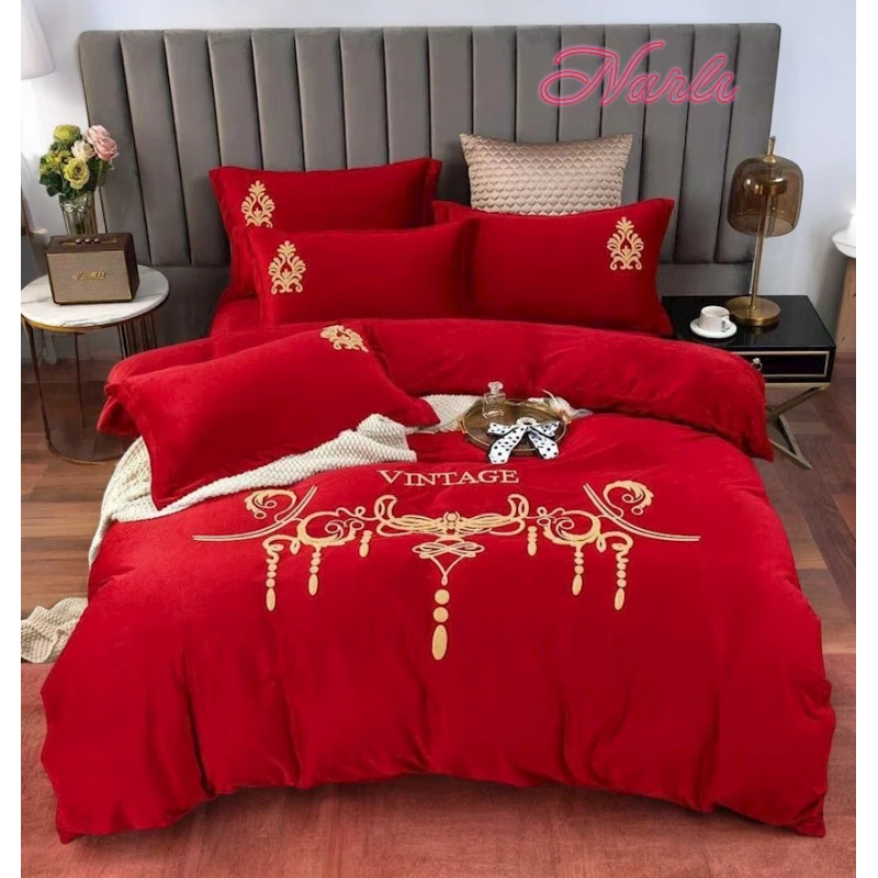 Комплект постельного белья Narlı 000424, пододеяльник 200x230 см, простыня 245x250 см, наволочка 50х70 см, евро, велюр, красный