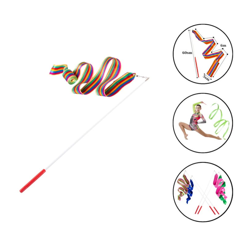Палочка с лентой для художественной гимнастики FİG Sport 1515, сатин, длина палки 60 см, 600x5 см, разноцветная