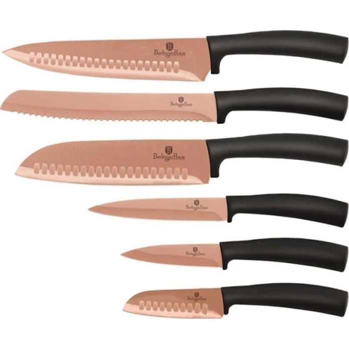 Bıçaq dəsti Berlinger Haus BH 2648, 6 əd, aşpaz bıçağı 20 sm, oyma bıçağı 13 sm, çörək bıçağı 20 sm, Avropa Santoku bıçağı 17 sm, Avropa Santoku bıçağı 9 sm, tərəvəz bıçağı 9 sm, polad, plastik tutacaq, qara