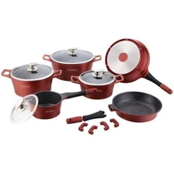 Наборы посуды для готовки Royalty Line RL-ES1014 M, мраморное покрытие, красный, 14 элементов