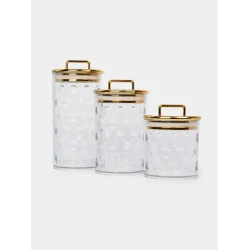 Banka dəsti qida məhsullarının saxlanılması üçün BHD2016063, plastik, şəffaf/qızılı, 3 əd