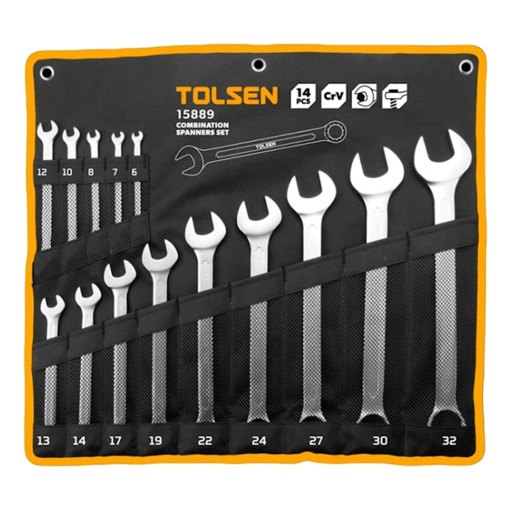 Qarışıq açar dəsti Tolsen 15889, 14 əd, xrom-vanadium polad, gümüşü