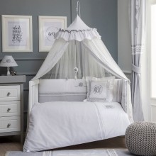 Uşaq yataq dəsti Funna baby ABC, 8 hissə, yorğan üzü 100x130 sm, iç yorğan, baş üçün qoruma 40x60 sm, yan qoruma 40x120 sm - 2 əd, mələfə, yastıq üzü 35x45 sm, dekorativ yastıq, pambıq, ağ