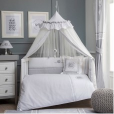 Uşaq yataq dəsti Funna baby ABC, 8 hissə, yorğan üzü 100x130 sm, iç yorğan, baş üçün qoruma 40x60 sm, yan qoruma 40x120 sm - 2 əd, mələfə, yastıq üzü 35x45 sm, dekorativ yastıq, pambıq, ağ
