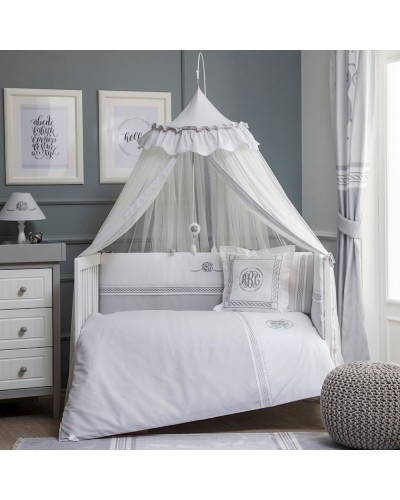 Uşaq yataq dəsti Funna baby ABC, 8 hissə, yorğan üzü 100x130 sm, iç yorğan, baş üçün qoruma 40x60 sm, yan qoruma 40x120 sm - 2 əd, mələfə, yastıq üzü 35x45 sm, dekorativ yastıq, pambıq, ağ