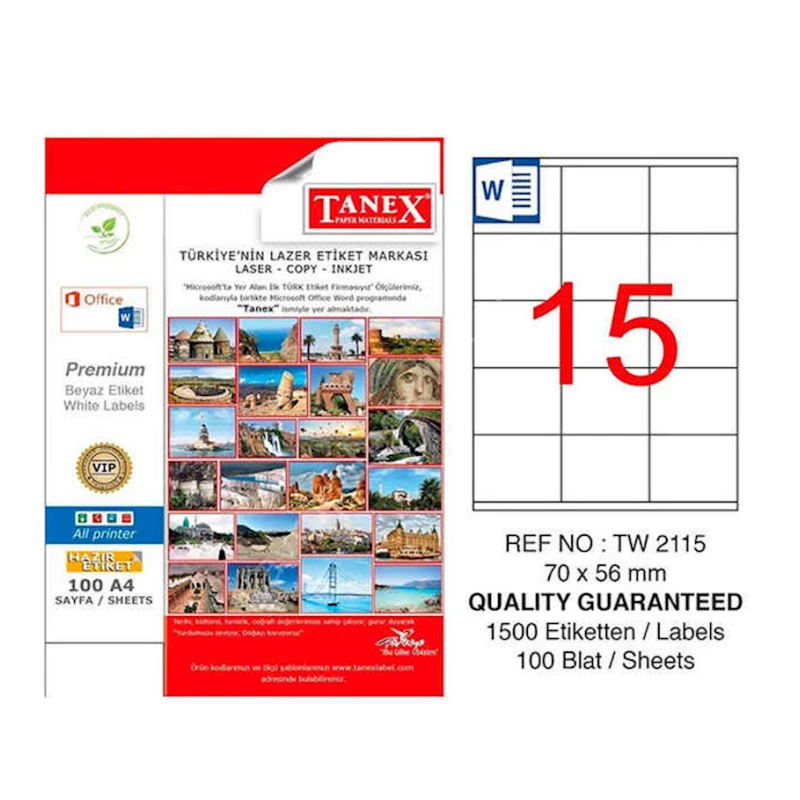 Этикетки самоклеющиеся Tanex TW-2115, 70x56 мм, 15 шт x 100 листов Этикетки самоклеющиеся Tanex TW-2115, 70x56 мм, 15 шт x 100 листов