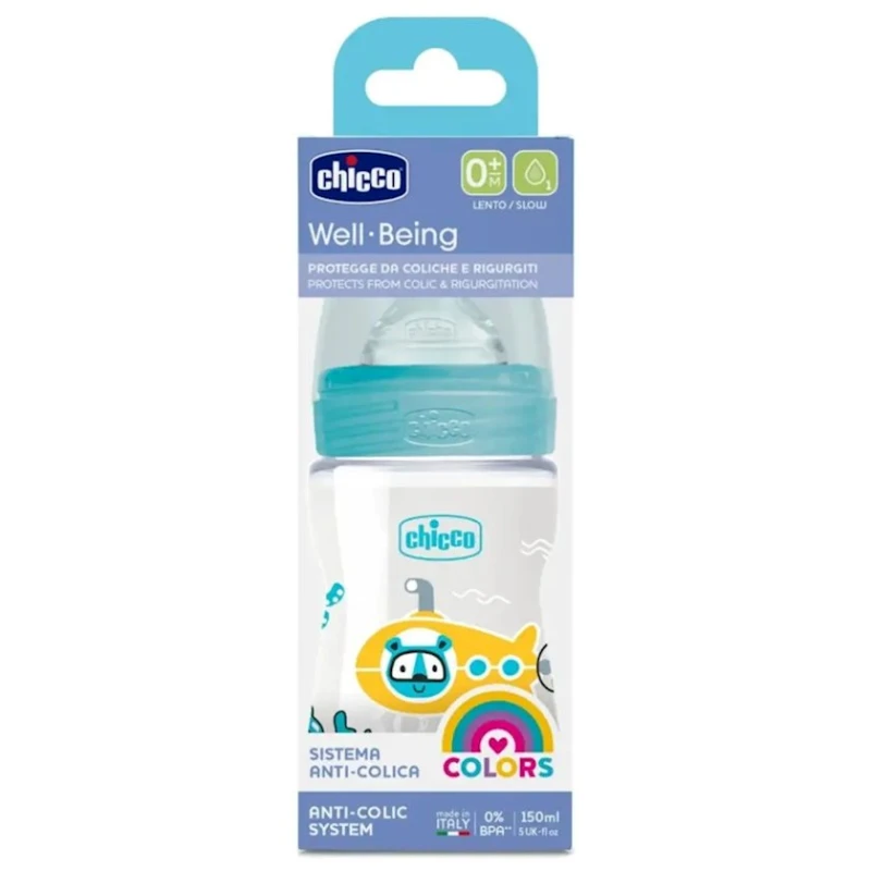 Бутылка для кормления Chicco Well-Being Physio Colors, пластик/силикон, голубая, 0 м+, 150 мл