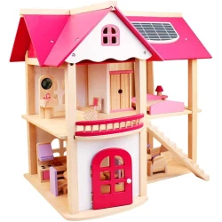 Kukla evi Knick Knack's Pink Wooden Dollhouse and Furniture Playset