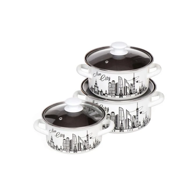 Набор кастрюль Керченская эмаль Новый город-1 Экстра, 3 шт, 1500/2300/3000 мл, сталь, с крышкой, белый/черный