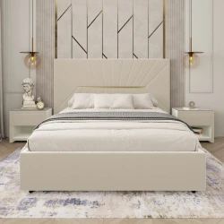 Двуспальная кровать Art_ikili_yataq 75, ламинат/текстиль, бежевая, 120x160х200 см