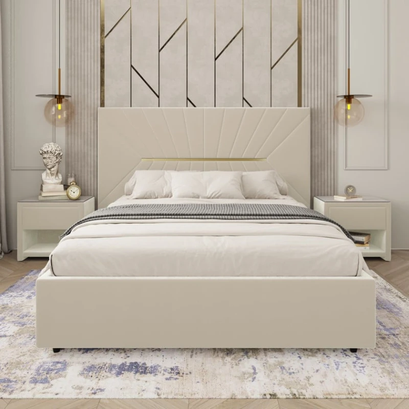 Двуспальная кровать Art_ikili_yataq 75, ламинат/текстиль, бежевая, 120x160х200 см