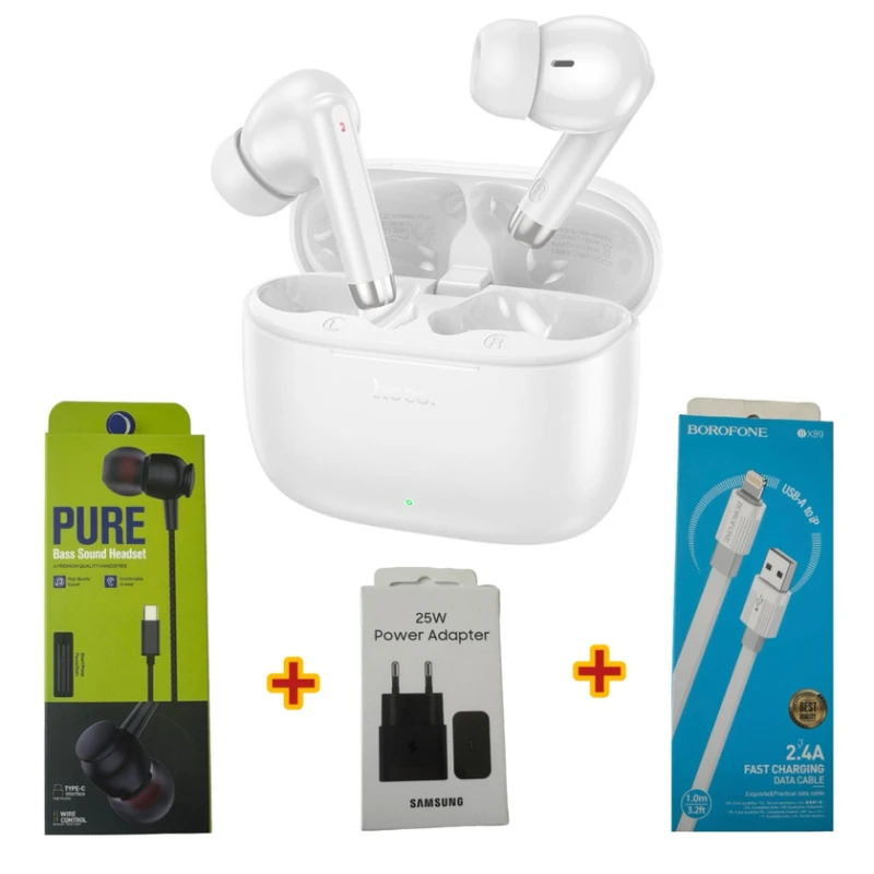 Беспроводные наушники Hoco EQ2 White + Подарок Проводные наушники Strap Pure + Сетевое зарядное устройство Samsung 25W + Кабель USB Borofone BX89 Беспроводные наушники Hoco EQ2 White + Подарок Проводные наушники Strap Pure + Сетевое зарядное устройство Samsung 25W + Кабель USB Borofone BX89