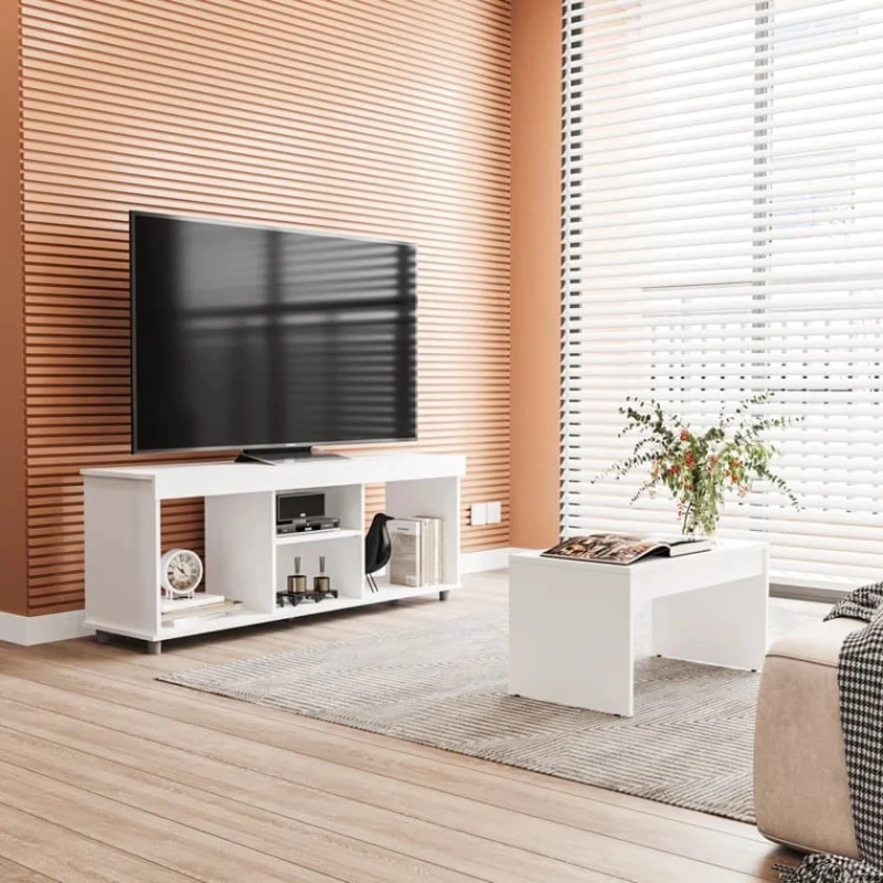 Тумба под ТВ с журнальным столом Ev Plus Reben, ЛДСП, белый, 180x45x35/90x60x45 см Тумба под ТВ с журнальным столом Ev Plus Reben, ЛДСП, белый, 180x45x35/90x60x45 см