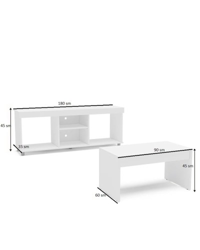 TV üçün tumba jurnal masası ilə Ev Plus Reben, LDSP, ağ, 180x45x35/90x60x45 sm