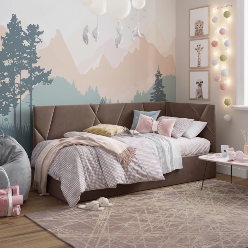 Односпальная кровать Art_tek_yataq 75, ламинат/текстиль, коричневая, 200x85x90 см