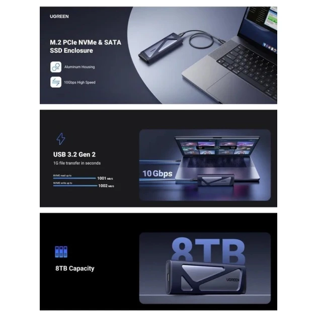 Корпус для SSD Ugreen CM767 (M.2 NVMe and SATA)