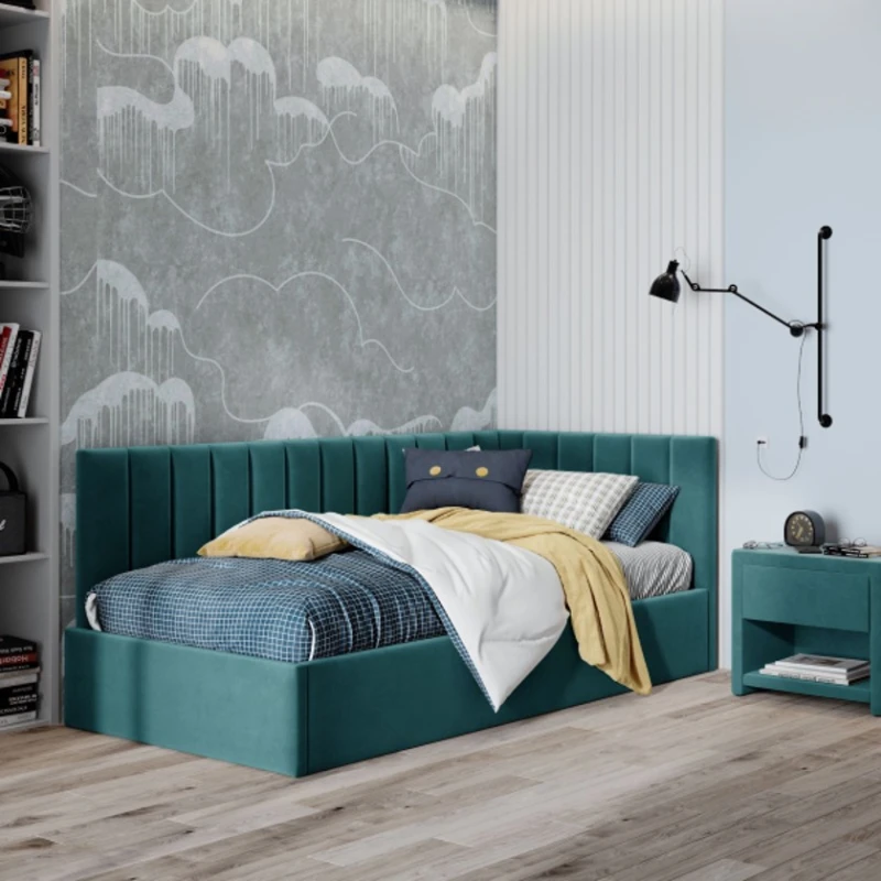 Односпальная кровать Art_tek_yataq (120) 62, ламинат/текстиль, бирюзовая, 200x85x120 см Односпальная кровать Art_tek_yataq (120) 62, ламинат/текстиль, бирюзовая, 200x85x120 см