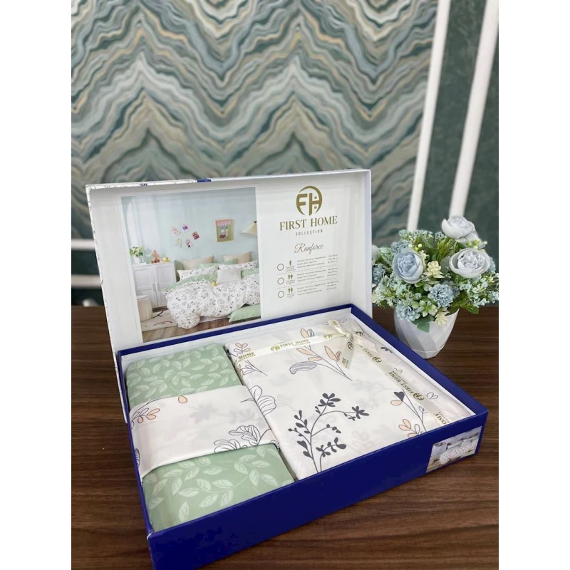 Комплект постельного белья First Home SHA-0000575, цветочный, пододеяльник 200x220 см, простыня 250x250 см, наволочки 50x70 см 2 шт, двуспальный с европростыней, хлопок, разноцветный