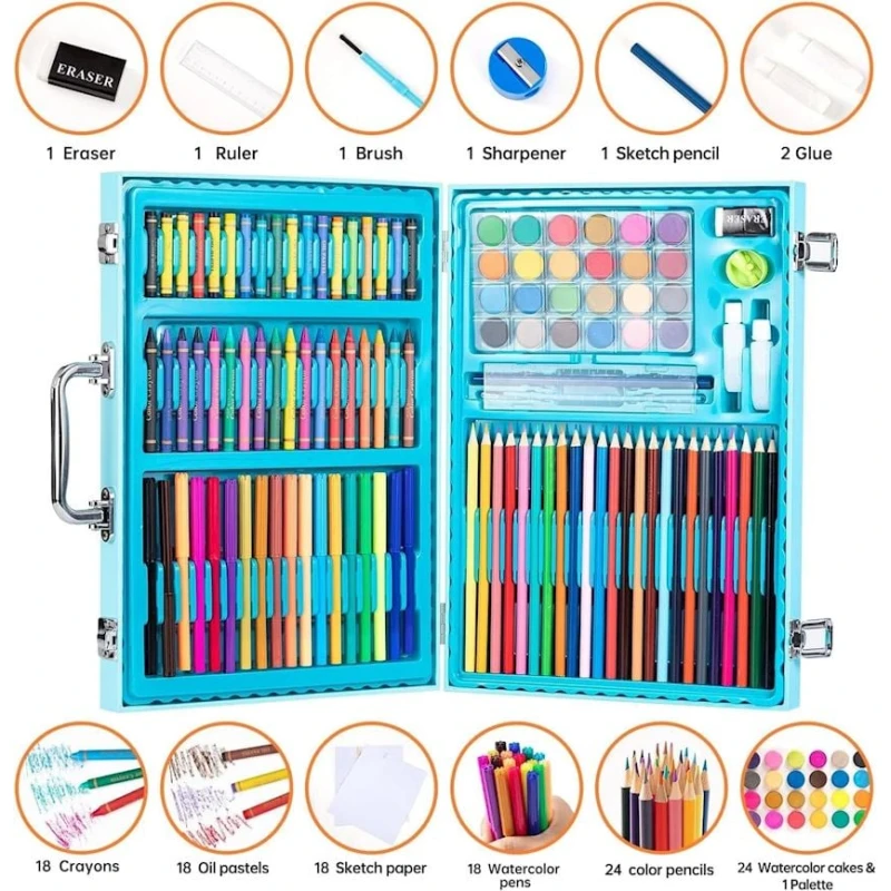 Набор для рисования, 128 элементов, голубой