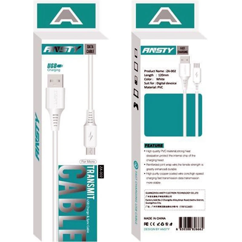 Кабель USB Ansty ZA-002 Micro USB, Белый Кабель USB Ansty ZA-002 Micro USB, Белый