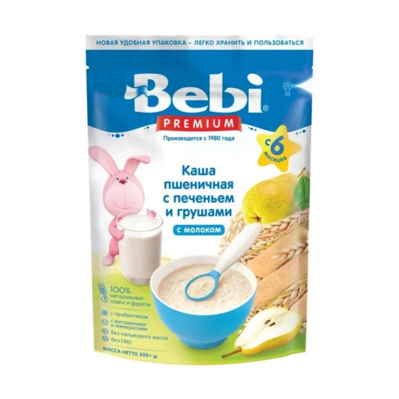 Каша молочная Bebi Premium Пшеничная с печеньем и грушами, с 6 месяцев, 200 г