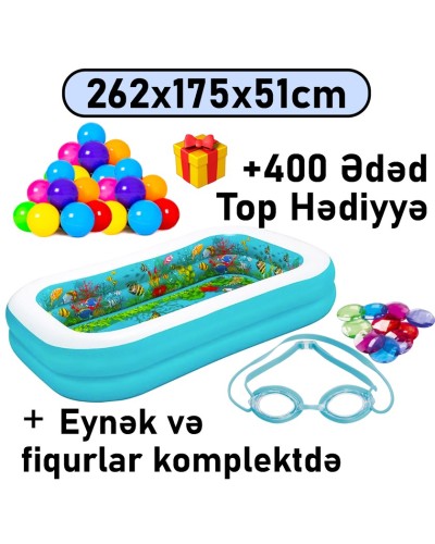 Şişmə hovuz Bestway 54177, 262x175x51 sm, 778 l, oval, komplekt: eynək, fiqurlar, mavi - 778BW54177T400