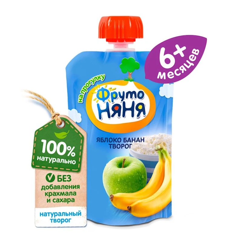 Пюре ФрутоНяня Яблоко, банан, творог, 90 г, от 6 месяцев