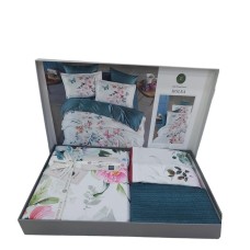 Yataq dəsti DO&GO DO10, yorğan üzü 200х220 sm, mələfə 220х240 sm, yastıq üzləri 70x70 sm, 50х70 sm, ikinəfərlik, satin, ağ/mavi