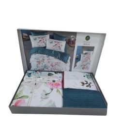 Комплект постельного белья DO&GO DО10, пододеяльник 200х220 см, простыня 220х240 см, наволочки 70x70 см, 50х70 см, двуспальный, сатин, белый/голубой