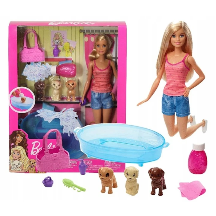 Кукла Barbie Puppy Bath Playset With Doll 3 Puppies & Accessories, 29см (887961744521)