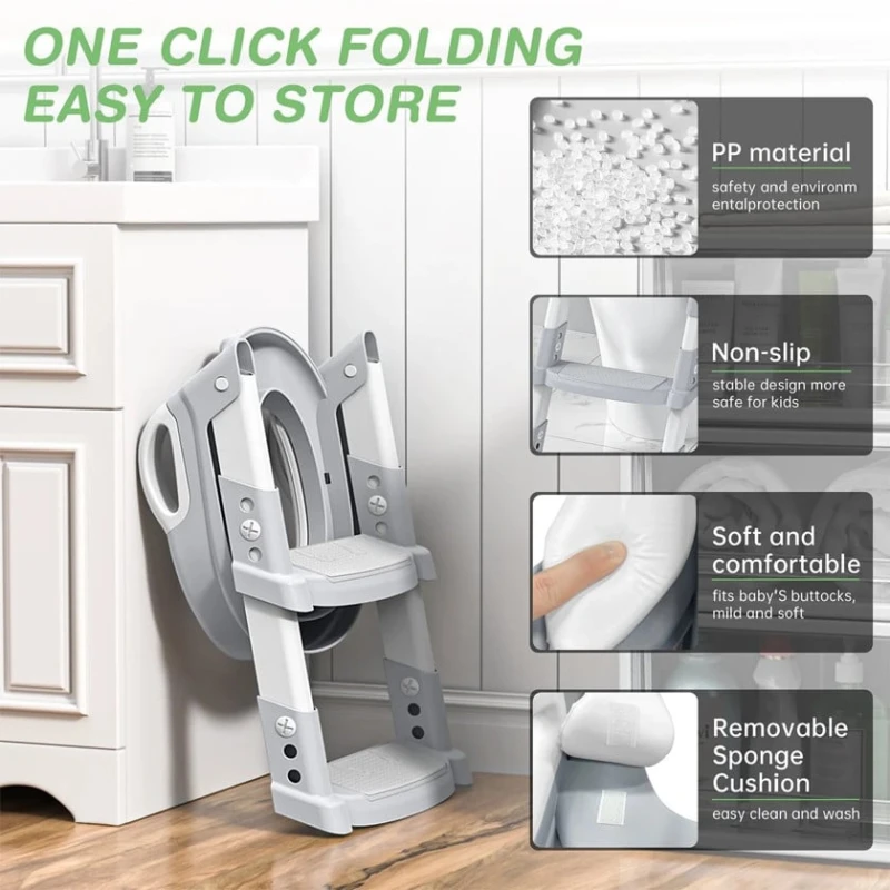 Uşaqlar üçün unitaz oturacağı pilləkənli WC-01RAX, plastik/polipropilen, boz/ağ, 1+ yaş Uşaqlar üçün unitaz oturacağı pilləkənli WC-01RAX, plastik/polipropilen, boz/ağ, 1+ yaş