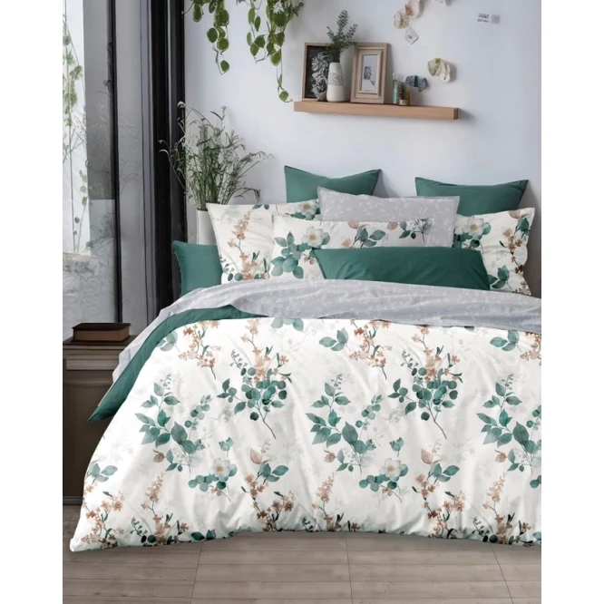 Комплект постельного белья MiraNova SF-693, пододеяльник 200x220 см, простыня 240x250 см, наволочка 50x70 см, двуспальный, хлопок, белый/зеленый
