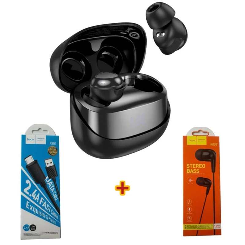 Беспроводные наушники Hoco ew200 black + наушники + кабель для зарядки