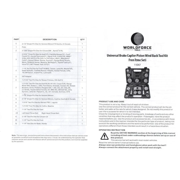 Набор для обслуживания тормозных цилиндров Worldforce 11047, 18 шт