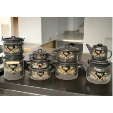 Qab-qacaq dəsti Krasava, 9 əd, mina, Rusiya istehsalı, bidon 2 l / 3,5 l, qazanlar 0,6 l / 1,45 l / 2 l / 3 l / 4,3 l, dəm çayniki 1 l, çaydan 3,5 l - QZİR-TAP-153