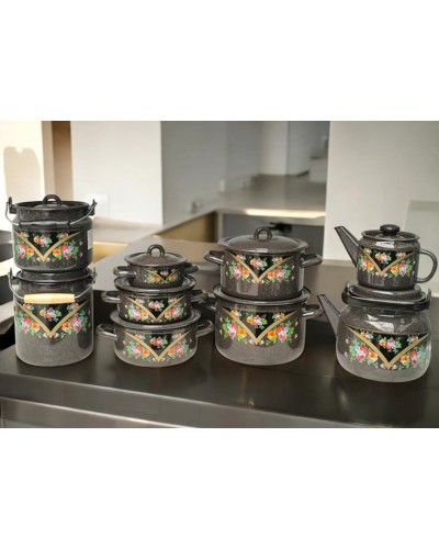 Qab-qacaq dəsti Krasava, 9 əd, mina, Rusiya istehsalı, bidon 2 l / 3,5 l, qazanlar 0,6 l / 1,45 l / 2 l / 3 l / 4,3 l, dəm çayniki 1 l, çaydan 3,5 l - QZİR-TAP-153