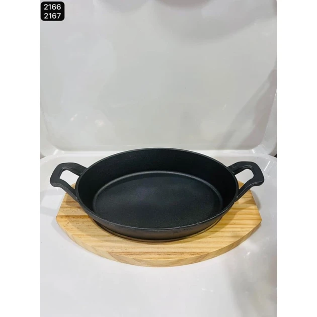 Сковородка ,с деревянной подставкой, 24x16.5 см, чугун
