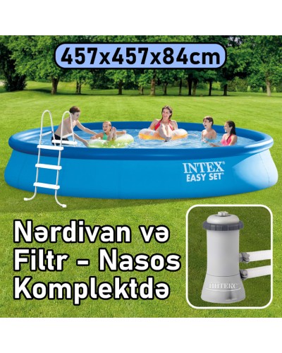 Şişmə hovuz Intex, dairəvi, 457x457x84 sm, həcm 9792 l, filtr nasosu, nərdivan - 9792TX28158N